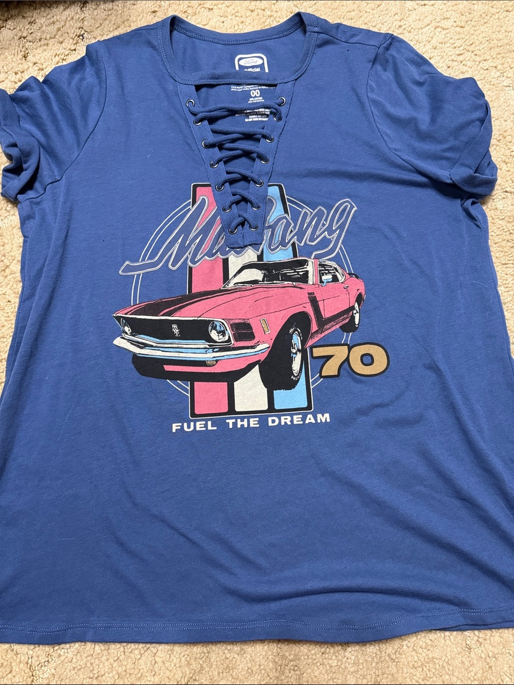 torrid Blue Lace-Up Mustang Graphic Tee with Pink Car & Gold '70'